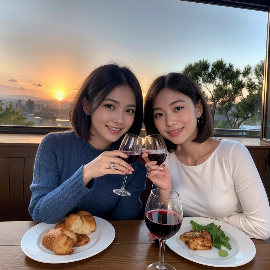 ((Highest quality、、masterpiece:1.3))、 (Genuineistic, Genuine、Bright image、Intricate details:1.2), 最高のsmile、1 male、1 female、Beautiful couple、love love love、fiancee、Good friends、actress couple、smile、Full-course dinner at a packed table、 (Slim face), (the body is slim), (Brown Hair), (short hair), テーブルのwine glass、Please shine a light on my face、 Amazing view of the sunset sky and clouds、29-year-old,age 34、 red wine 、Appetizers、Wine bottle、sparkling wine、Long sleeve shirt、Light blue dress、White wine, red wine, wine glass,