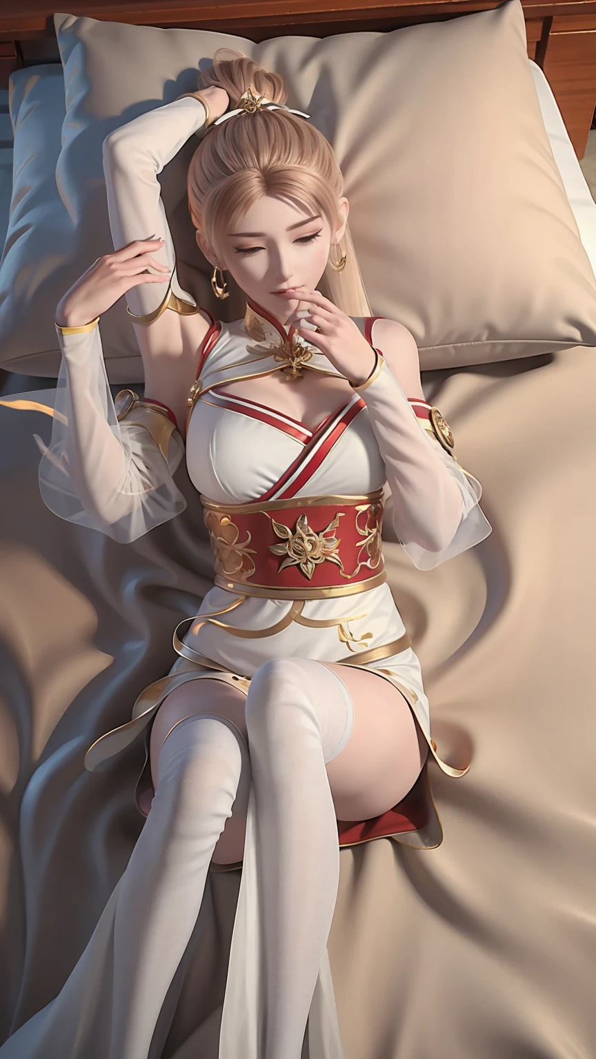 一个女孩Lying in bed，Face up，Raise your legs slightly，Frontal super detailed beautiful girl ************. Ultra HD, 4K, 8K, Movie，whole body，Long legs，whole body捕捉，（（（whole bodyLying in bed））），Big white bed，Off-shoulder，Shoulder to shoulder，Lying in bed，Headrest pillows