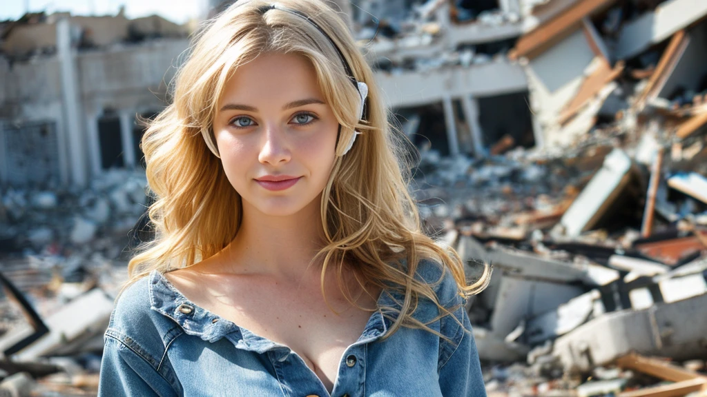 Beautiful blonde with big breasts in denim jeans and a ripped T-shirt (Standing in ruins),Wearing headphones,Very detailed, 21 years old, Innocent face, Naturally Wavy Hair, blue eyes, High resolution, masterpiece, Highest quality, Intricate details, Very detailed, Clear focus, Delicate skin, practical skin texture, texture, Delicate eyes, Professional, 4K, Cute Smile, Shot with Canon, 85mm, Shallow and deep, Kodak Vision Color, Exactly, Very detailed, photograph_\(Extremist\), photographpractical, practical, Post-processing, Maximum details, Roughness, Real Life, Extremist practical, Photorealism, photographgraphy, 8K Ultra HD, photographgraphy