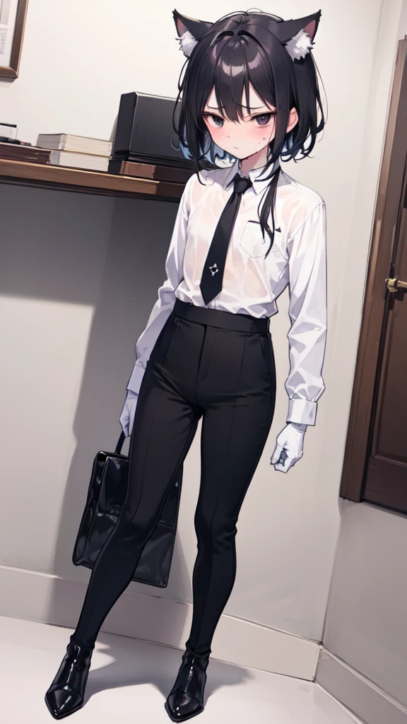 18-year-old Shota,cute,Wear a white long-sleeved shirt and a black work tie,Wear black pants,Wear black booties,Wear white gloves,wear cat ear,Black hair,Black eyes,Handsome,Disdainful and cold expression,shy,blush,Sweating,porn,nsfw