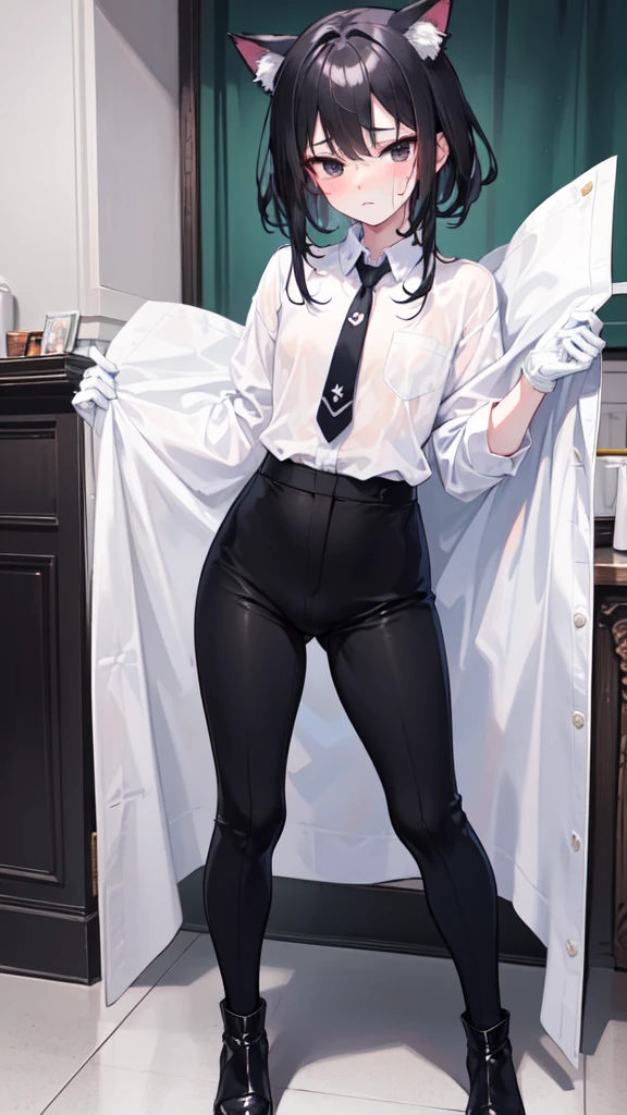 18-year-old Shota,cute,Wear a white long-sleeved shirt and a black work tie,Wear black pants,Wear black booties,Wear white gloves,wear cat ear,Black hair,Black eyes,Handsome,Disdainful and cold expression,shy,blush,Sweating,porn,nsfw