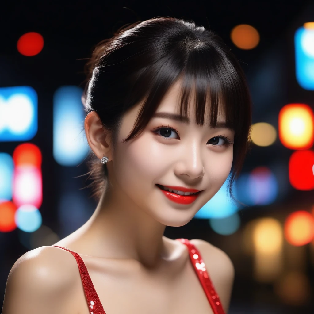 8K, Ultra-high resolution, Highest quality, masterpiece, 三分割法によるphotograph,Surreal, photograph, 1 girl, (16 years old:1.3), pretty girl, Cute face, Beautiful eyes in every detail, 細かくdetailedに,masterpiece,, One Girl:1.2, Japan Female Announcer,whole body,Young Wife, (night, (Neon Signs), (Blurred Background),Sequined fancy dress,Slutty Makeup,Bright red lipstick,A carefree smile,Healing the heart,Black hair bun,Looking at the audience、beauty,Long neck、Laugh a little、Please close your mouth and laugh、(((Ideal body type))),A-cup small breasts :2,、Portraiture:2、Perfect Anatomy、鮮明なdetailed、detailed、Surreal、Light and shadow,Strong light