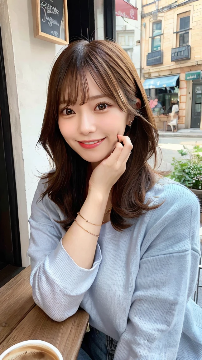 A charming woman in casual clothes, enjoying a coffee at a quaint café. She is wearing jeans and a cute top, smiling warmly as she sips her coffee and looks out the window