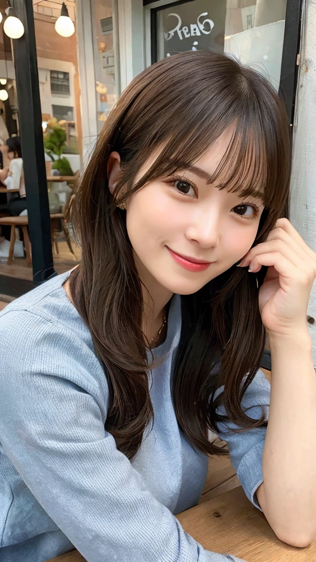 A charming woman in casual clothes, enjoying a coffee at a quaint café. She is wearing jeans and a cute top, smiling warmly as she sips her coffee and looks out the window
