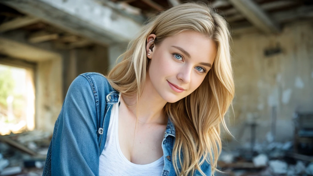 Beautiful blonde with big breasts in denim jeans and a ripped T-shirt (Standing in ruins),Wearing headphones,Very detailed, 21 years old, Innocent face, Naturally Wavy Hair, blue eyes, High resolution, masterpiece, Highest quality, Intricate details, Very detailed, Clear focus, Delicate skin, practical skin texture, texture, Delicate eyes, Professional, 4K, Cute Smile, Shot with Canon, 85mm, Shallow and deep,  Kodak Vision Color, Exactly, Very detailed, photograph_\(Extremist\), photographpractical, practical, Post-processing, Maximum details, Roughness, Real Life, Extremist practical, Photorealism, photographgraphy, 8K Ultra HD, photographgraphy