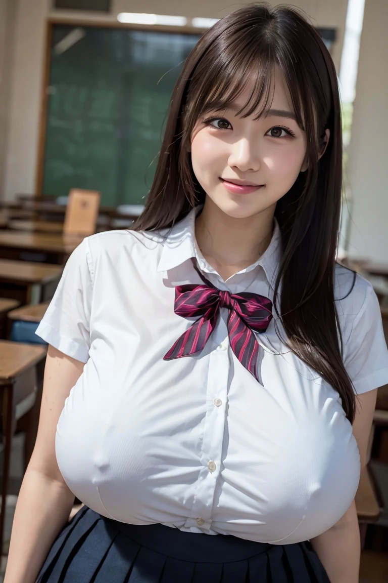 (Best quality,masterpiece,ultra detailed,8K,RAW photo,realistic,high resolution:1.2),(Pretty Japanese girl),(Super huge tits:1.4),(light brown hair),(school uniform,white shirt,pleated skirt:1.4),(voluptuous:1.5),(shoulder length),(light smile:1.4),(chubby:1.5)