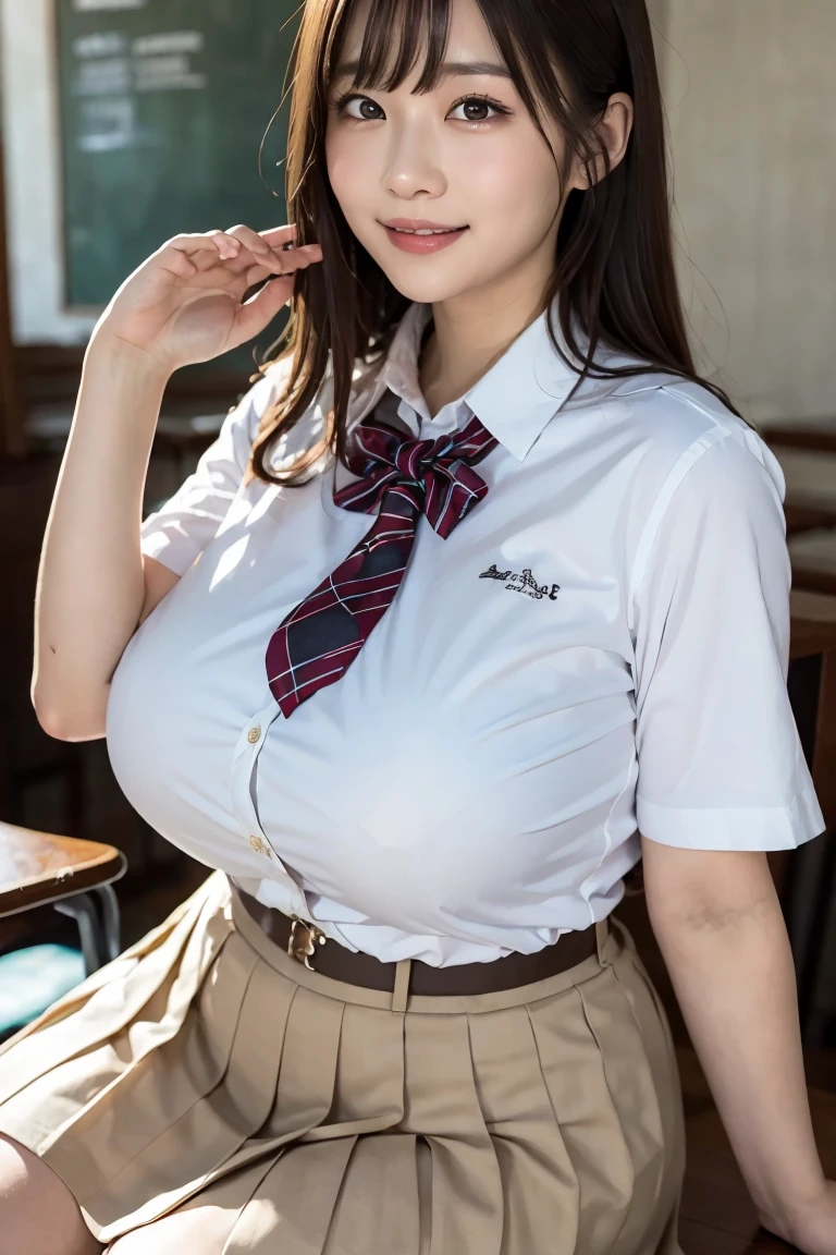 (Best quality,masterpiece,ultra detailed,8K,RAW photo,realistic,high resolution:1.2),(Pretty Japanese girl),(Super huge tits:1.4),(light brown hair),(school uniform,white shirt,pleated skirt:1.4),(voluptuous:1.5),(shoulder length),(light smile:1.4),(chubby:1.5)