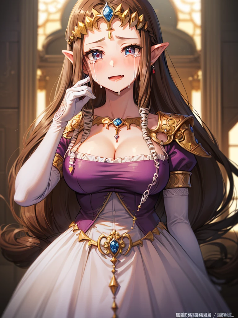 ((Hands on face)),((((Drooling)))),(((Face close-up))),(((Open your mouth))),(((Crying))),((((Please lift your skirt)))))),((Upper Body)),((alone)),((),Anime art style,masterpiece,(Highest quality), (Super detailed),(Very delicate and beautiful),(alone),(detailedな顔と目),Beautiful eyes like jewels,(A truly gorgeous jeweled ruffled rococo ball gown dress),(((Mature Woman,Queen))),((1 Queen in a beautiful embroidery and jeweled absolutely gorgeous rococo ballgown dress with voluminous full length hoop skirt)),((crinoline)),,((Straight hair galore,Very long straight hair with plenty of volume,Super long straight hair)),,Cleavage,(bed),length_gloves,Very gorgeous hair accessory,Sparkling、((((Front Face)))),((((Adult Expressions)))),((((Beautiful Face)))),((((dress)))),((smile)),(((Long Hair)))),((((Straight hair)))),((Cleavage)),((((Dark brown hair)))),Princess Zelda,((chest is slightly exposed)), ((Highest quality)),,(Very detailed) ,((Purple blouse)),((Put your arms behind your back)),Brown Hair,((Embarrassed look)),Blushing, ((Highest quality)), (Very detailed),((detailed)),(((pray))),Nintendo, The Legend of Zelda),Crying face,Blushing,((alone)), ((Highest quality)), (Very detailed), ,