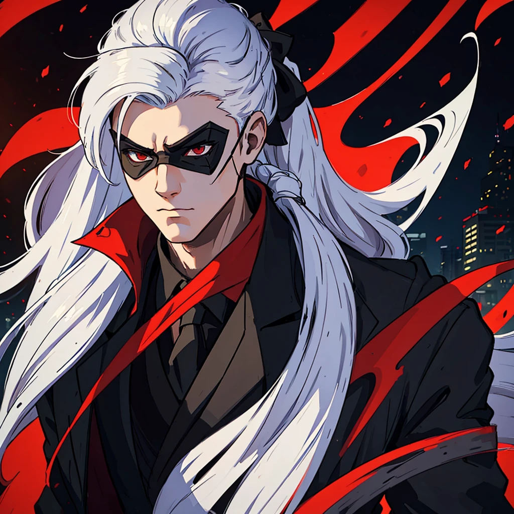 ung man with white hair with long ponytail wearing a black suit with red interior a mask covering the eyes and mouth An art for an RPG A non-human night background of the city ((Very detailed strokes))