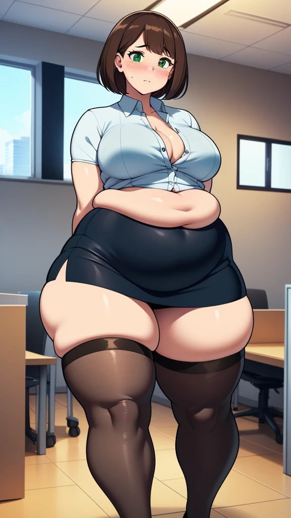 ((highres)), Masterpiece, high quality, best quality, beautiful, perfect lighting, detailed face, ultra cute face, ((1girl)), ((solo), short brown hair, fluffy hair, green eyes, ((blush)), embarrassed, nervous, looking at viewer, arms behind back, standing in a office (office), daytime, dress shirt, pencil skirt, thigh highs, wide hips, (((thick thighs))), (((chubby))), medium breasts, perky breasts, 20 year old female,
