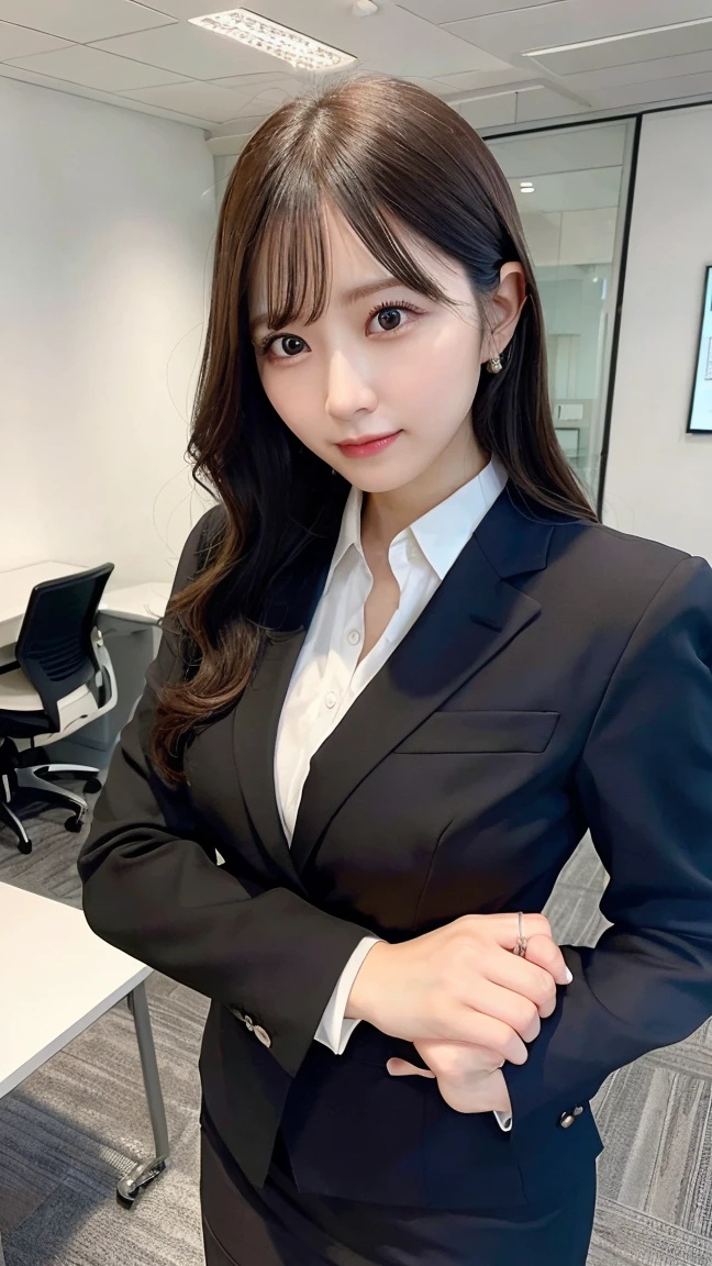 A confident woman in a sharp business suit, standing in a modern office. She has a determined look on her face, exuding professionalism and intelligence