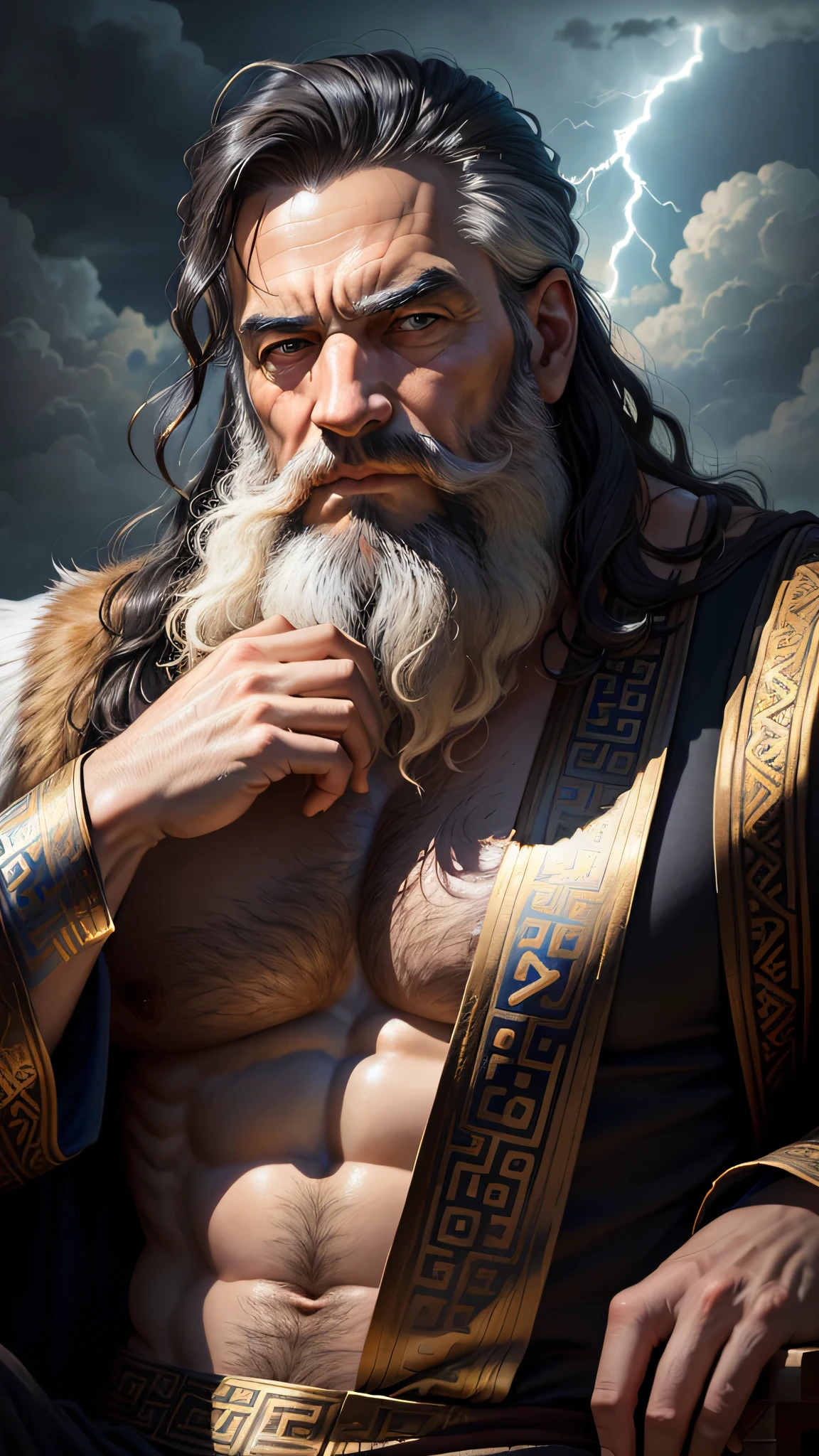 Greek mythology philosopher, Looking directly at us, Hall々Wise and wise, Zoomed out image, Mighty Image, The old philosopher with his beard shaven, Sitting in the clouds, Clouds everywhere, Realistic, Ancient Greek Clothing, Decent muscle definition (The background is dark, Sulky,)Lightning on background、Black Hair