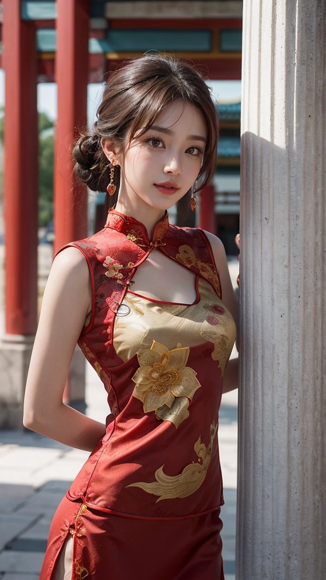 Top-quality Realistic,Official art,Highly detailed CG Unity 8k wallpaper,ultra-detailliert,hight resolution,Physically-based rendering,Magnificat,finely detail,masterpiece,Best Quality,ultra detailed, Face Light,Mature beauty,Beautiful girl,1girl,moist lips,sexy lips,Sexy smile,Gentle smile, 20 years old, Beautiful bare skin,Smooth bare skin,(Beautiful and radiant skin), big well-shaped breasts, beautiful cleavage,beautiful Mature body,swept bangs,(Medium hair:1.3), beautiful detailed eyes,model shoot style,Japanese Idol, Full-body,((Standing next to an artistic stone pillar representative of the Ming Dynasty)),BREAK,(Leaning against a stone pillar:1.2),((Red and gold-embellishedRed Cheongsam from the Ming Dynasty:1.5)),BREAK,(Heart shaped necklace),(Triangle ornament earrings),BREAK,(upper body:1.3),looking down,from below,POV from below,gentle smile like a goddess, ((Extreme close-up)),model pose,(Ming dynasty white fan, made of ivory)