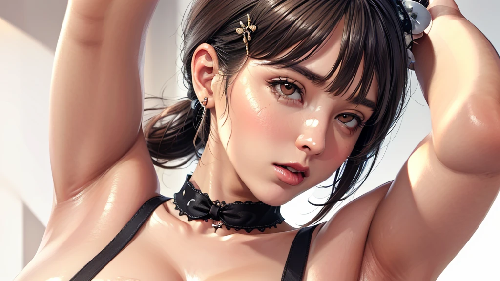 (((Perfect body,White and tender skin,(((Black strap dress, black long bow tie, white lining, black hat))),(((Kobeni Higashiyama, black hair, hair ornament, hairclip, ponytail, short hair, (brown eyes:1.5),))),((masterpiece)),highres,((Best quality at best)),masterpiece,quality,Best quality,((( Exquisite facial features,Looking at the audience,There is light in the eyes,(((ahegao,Slobber,Open your mouth,Drool marks))),))),(((Light and shadow,Huge breasts,))),(((Looking at the camera,White background))))