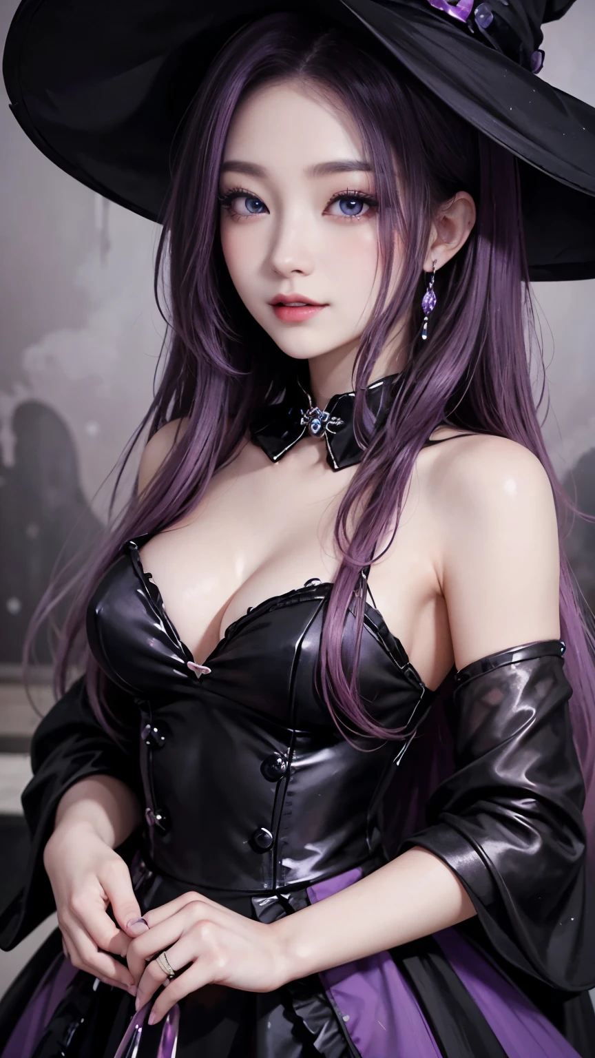 Noir painting of a beautiful young witch, Long purple hair, Rich purple lips, evil, evil女, smile, Black Prom Dress, She is coming to you, Close-up, Bright Blue Eyes, Surrounded by swirling pink smoke, Genuine, High detail, Highest quality