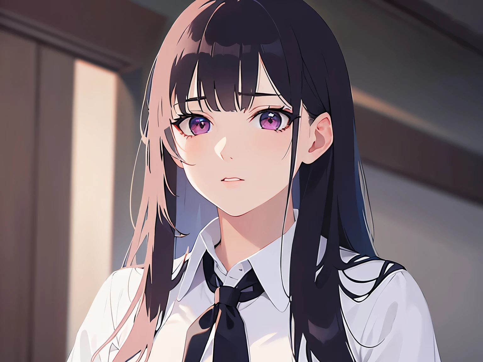 Detailed CG, Ultra-fine illustrations,masterpiece,highest quality, AW Photos,Realistic,BREAK(white collared shirt:1.5)BREAK,(Pale skin:1.2),Shiny skin,Shiny Hair,(A 26-year-old woman with straight hair and bangs)and(Medium Hair)and(Black Hair)and(Purple eyes),(Devastated:1.5),The background is bar,alone