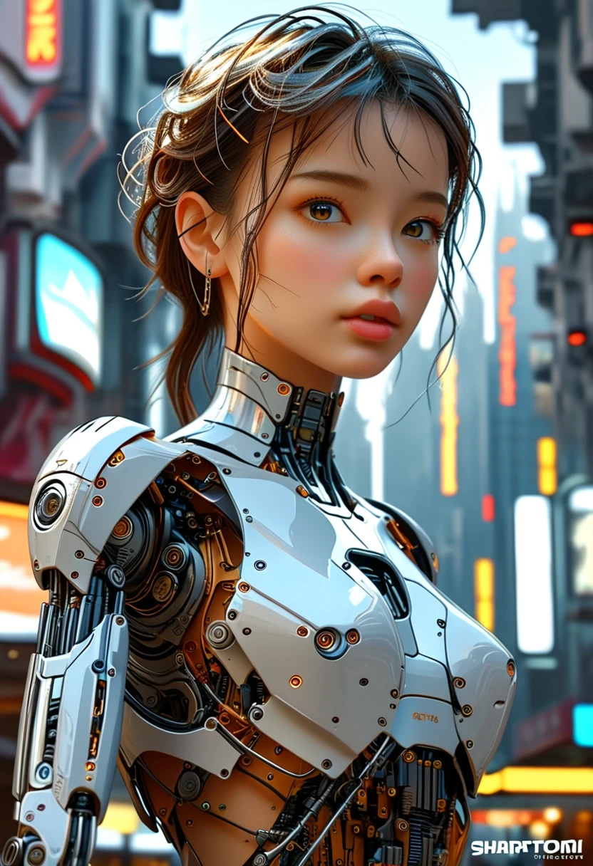 a beautiful woman-robot standing in a futuristic city backdrop, detailed intricate mechanical parts seamlessly blended with a slender, graceful humanoid form, magnificent anatomy and physique, 1/2 body crop, (best quality, 4k, 8k, highres, masterpiece:1.2), ultra-detailed,(realistic, photorealistic, photo-realistic:1.37), HDR, (intricate details:1.12), (intricate details, hyper-detailing:1.15), (natural skin textures, hyper realisitc, soft light, Sharp:1.2)