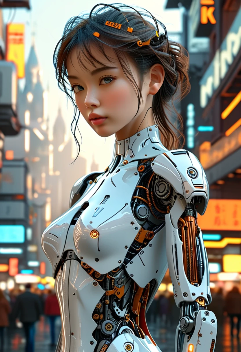 a beautiful woman-robot standing in a futuristic city backdrop, detailed intricate mechanical parts seamlessly blended with a slender, graceful humanoid form, magnificent anatomy and physique, 1/2 body crop, (best quality, 4k, 8k, highres, masterpiece:1.2), ultra-detailed,(realistic, photorealistic, photo-realistic:1.37), HDR, (intricate details:1.12), (intricate details, hyper-detailing:1.15), (natural skin textures, hyper realisitc, soft light, Sharp:1.2)