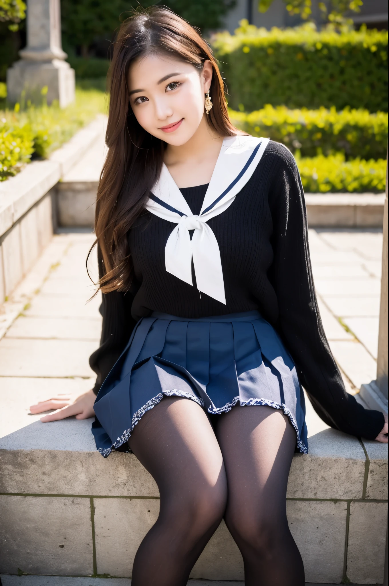 (((masterpiece))), (((Highest quality: 1.4))), ((Very detailed: 1.4)) , ulzzang-6500-v1.1, (RAW Photos:1.2), (Realistic), (Genuine:1.4), Sharp focus、Absurd, Finer details, High resolution, Very detailedな顔と目, Realistic, Textured skin, Anatomically correct, Super realistic in summer uniform, 17-year-old girl、Seraphim、seifuku, Color Sailor Uniform, Japan , A seductive smile、Japanのアイドル、Skirt and thighs、Sitting on the lawn、Sitting, (Super realistic black pantyhose:1.3)、 Realistic skin texture,  Makeup, (Detailed Background:1.2),　Glowing Skin、looked back、Exposed thighs!!!、((flipped my skirt)), 