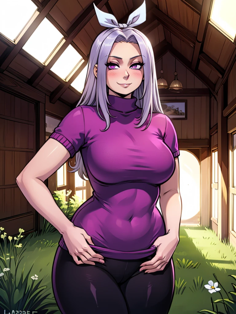 high_aesthetic,art by Lazorchef, ((Masterpiece, best quality, perfect lighting, amazing shading)), perfect anatomy, field of depth, extremely beautiful, long silver hair, purple hair ribbons, purple eyes, red turtleneck sweater, leggings, cute smile, blushing, (cowboy shot), (elegant pose), cozy house background, detailed background
