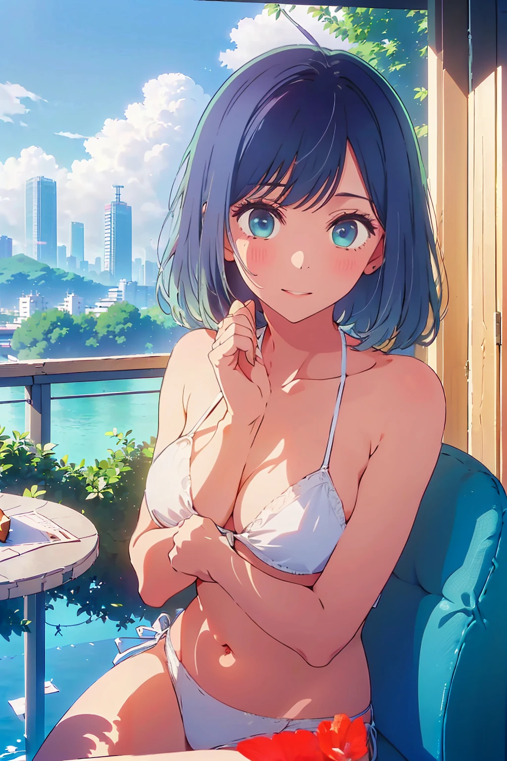 (Highest quality:1.4、8K:1.4、detailed)、F cup bust、Big Breasts、Slim body、Very white beautiful skin、((((1 person、Surprised expression、sit、Chair、In the background are the urban buildings of Tokyo、looking at the camera、Outdoor café terrace、coastal、Navy hair color、juice、Shooting up close、table、Very cute face))))、(She holds her white bikini in place with her hands to keep it from coming off:1.6)、Very blue sky、A completely cloudless sky