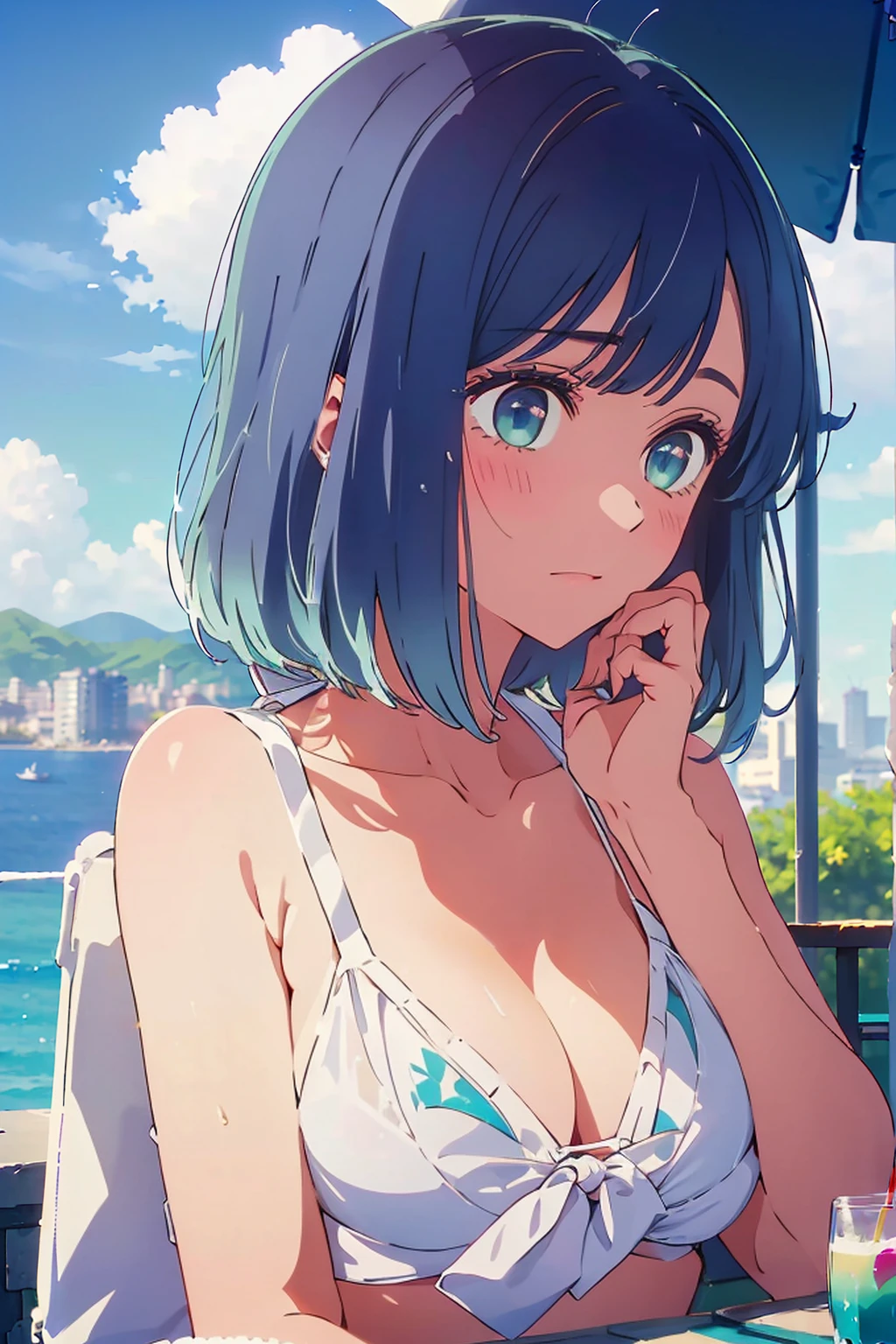 (Highest quality:1.4、8K:1.4、detailed)、F cup bust、Big Breasts、Slim body、Very white beautiful skin、((((1 person、Surprised expression、sit、Chair、In the background are the urban buildings of Tokyo、looking at the camera、Outdoor café terrace、coastal、Navy hair color、juice、Shooting up close、table、Very cute face))))、(She holds her white bikini in place with her hands to keep it from coming off:1.6)、Very blue sky、A completely cloudless sky