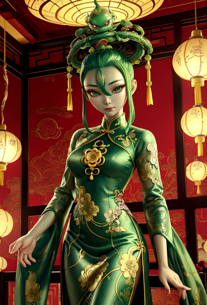 an alien creature,intricate cheongsam dress,asian royal room,green skin,barely humanoid,extremely detailed,photorealistic,ultra-detailed,masterpiece,8k,award winning art,dramatic lighting,ornate decor,ancient artifacts,opulent furnishings,silk embroidery,traditional chinese architecture