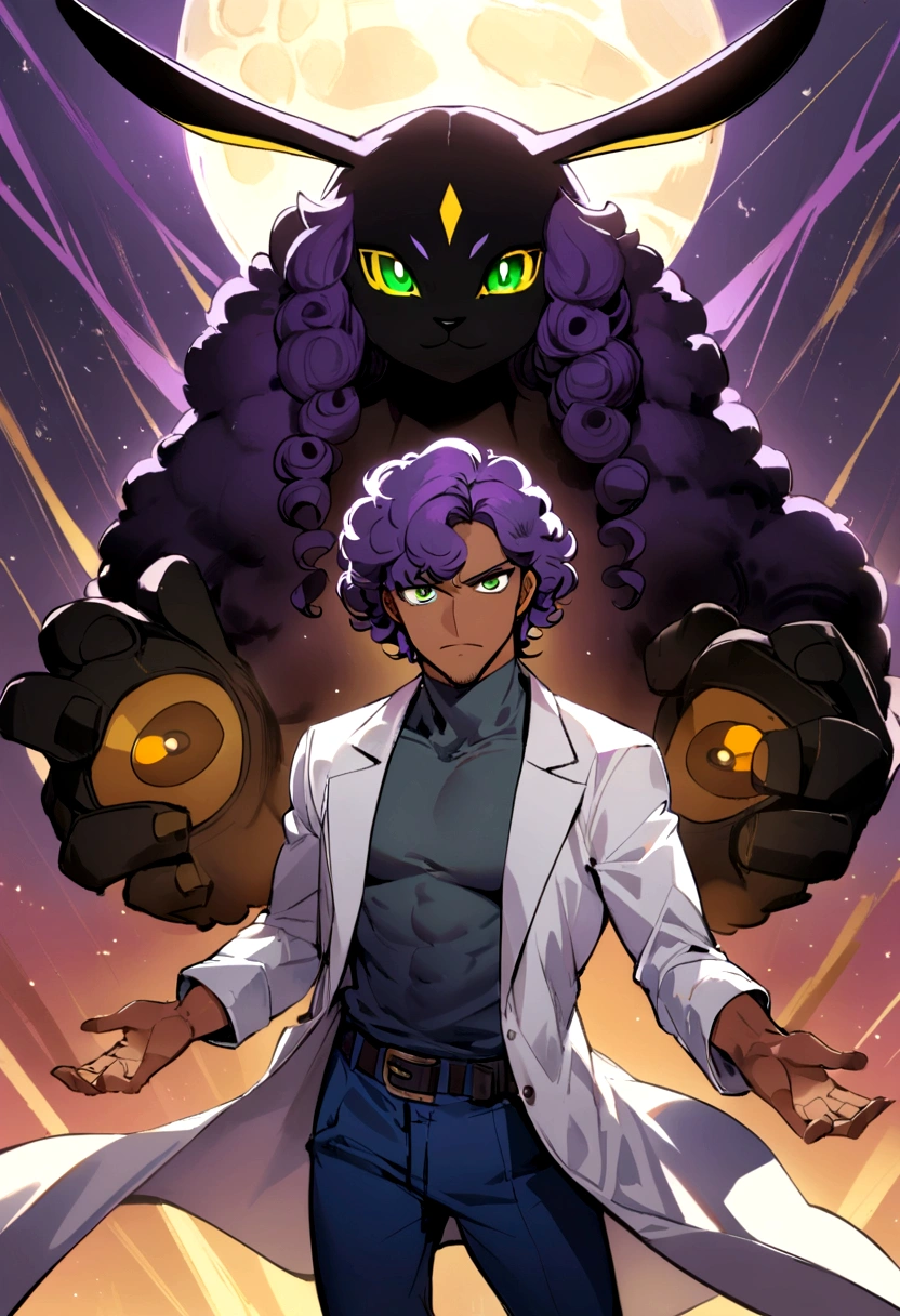 1man, 20s, strong body, latin, chin stubble, square face, tan skin, ((purple curly fluffy hair)), medium lenght hair, ((green eyes)), cool  expression, (nice hands),  (grey turtleneck), lab coat, spectacles, jeans, sandals [pose with body turned in profile looking at viewer], determined facialssion, simple backgroun, accompanied by an Umbreon