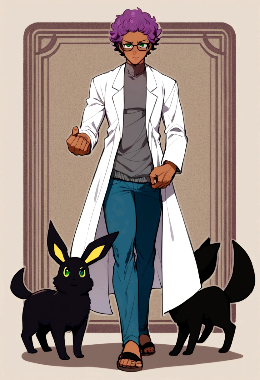 1man, 20s, strong body, latin, chin stubble, square face, tan skin, ((purple curly fluffy hair)), medium lenght hair, ((green eyes)), cool facial expression, (nice hands),  (grey turtleneck), lab coat, spectacles, jeans, sandals [pose with body turned in profile looking at viewer], determined facial expression, simple backgroun, accompanied by an Umbreon