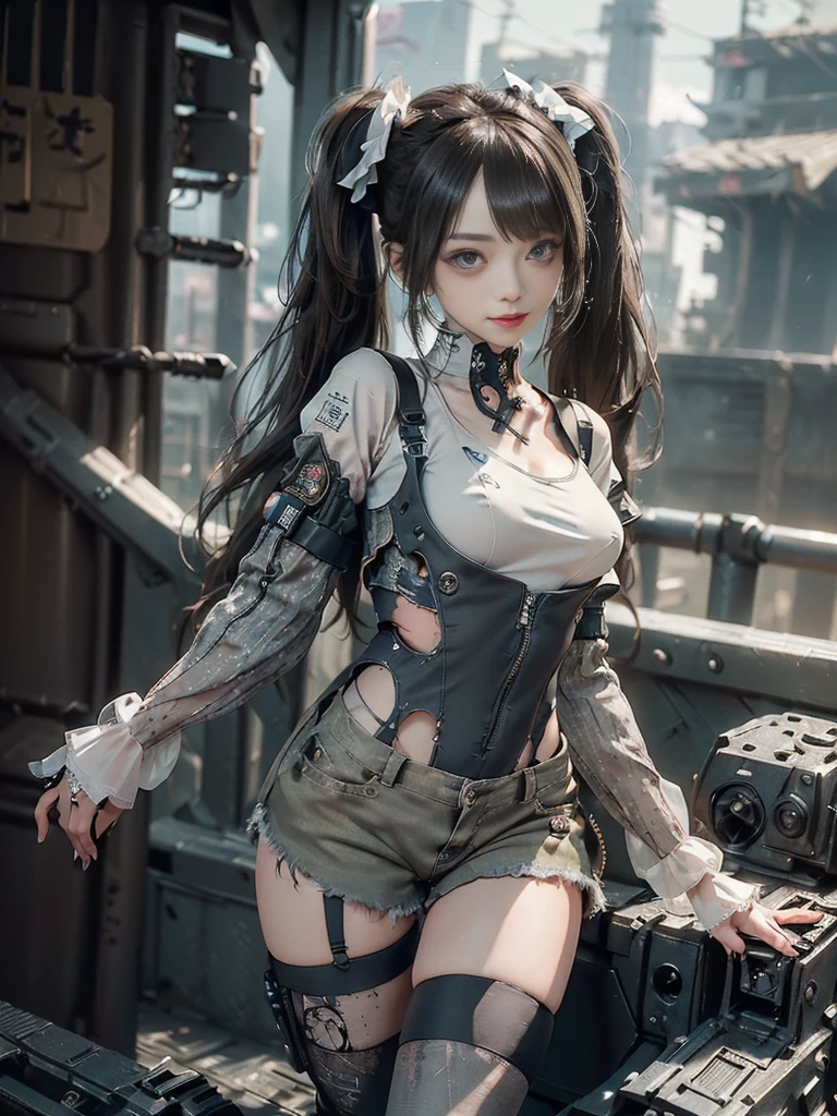(Full Body View:1.5)、(Side view:1.1)、(Please smile with your teeth showing:1.3),(Shibuya Gal:1.5)、(Gothic Lolita style fashion:1.5)、(Tattered khaki and gray futuristic micro high leg bodysuit:1.5)、(Tattered Khakis and White Micro Fancy Sleeves:1.5)、(Tattered khaki micro shorts:1.5)、(Brown and khaki knee socks:1.3)、(camouflage:1.3)、(Military jacket:1.4)、Brown boots、Khaki gloves、internal、(The underwear is striped:1.4)、23 years old、(do a gravure pose:1.3)、((Highest quality、8K、masterpiece:1.3))、One girl、The beauty of slim abs:1.3、(Hairstyle Casual、Big Tits:1.1)、dress:1.1、Super small face、Narrow eyes、double eyelid、Laughter、Esbian all over、Dynamic Angle、Close-up、CPL Filter、Blurred Background、Bokeh、Blue Hour、Detailed face and skin texture、Detailed Eyes,(Twin tails:1.3)、(Brown Hair:1.4)、Gravure idol pose、(The background is the cockpit of the battlefield:1.3)、(The body is slim:1.2),(Slim legs:1.4),(clavicle:1.1)