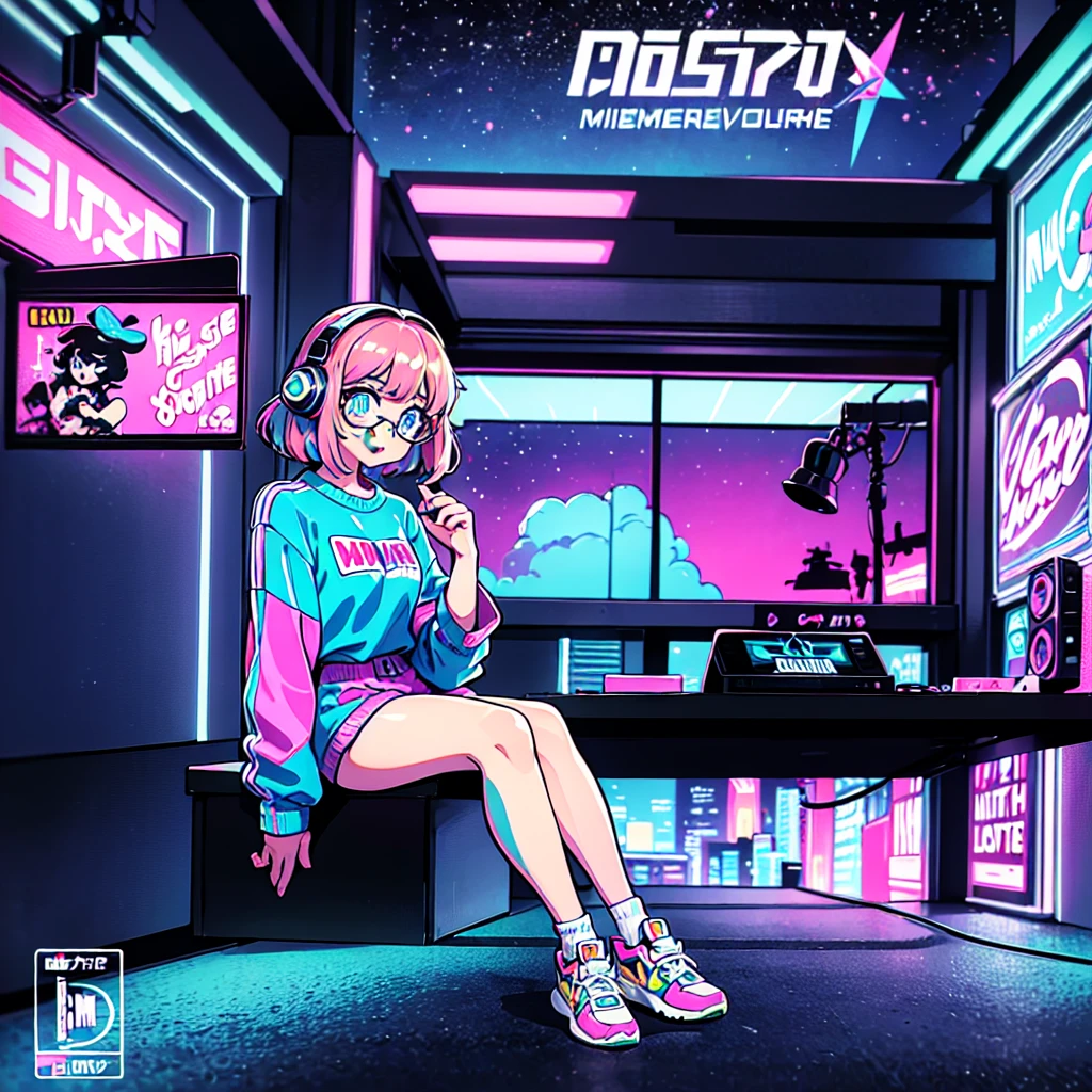 (masterpiece), Highest quality, Expressive eyes, Neon pastel aesthetics, Retro 90s, Neon color,((Girl sitting on sofa,In a cozy room,Records hanging on her wall, Comic books on the floor, Looking out the window behind her at the night city, Upholstered room, Anime figures lined up on a shelf)), Wearing headphones, (All around her it sparkles), (wearing thick colorful sneakers), (blue eyes), (Soft look), (Synthwave Art Style), Colorful Hair, Desk with PC set up