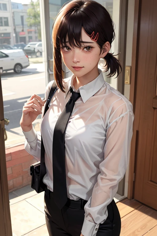 masterpiece, best quality, ultra-detailed, illustration, epic lighting, cinematic composition, isometric, 1girl nsfw, solo, cute, brown eyes, black hair, swept bangs, single sidelock, red hairclip, white collared shirt, black necktie, black pants, formal, enchanting gaze, captivating pose, indoors, office, door, opening door, looking at viewer, peeking out upper body, blush, seductive smile, closed mouth,(8k:1.1),see through