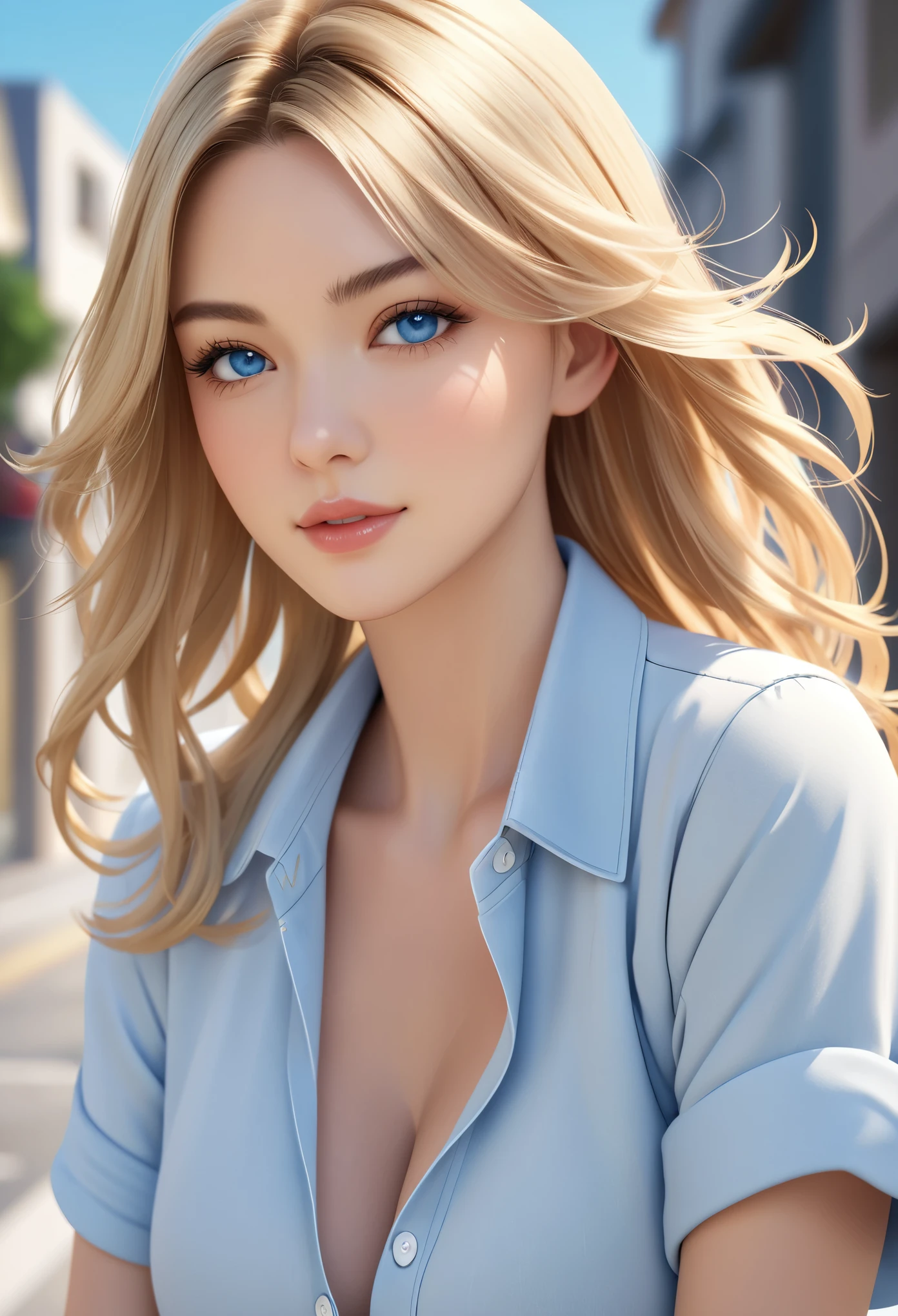 portrait, Practical, blue eyes, blond, Large Breasts, 4K resolution, High quality CG, Beautiful CG, Soft Light, fashion brand image, Fashionable and casual,
