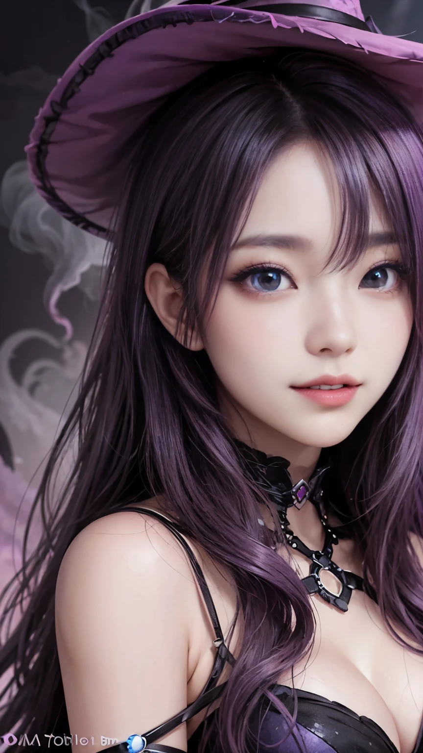 Noir painting of a beautiful young witch, Long purple hair, Rich purple lips, evil, evil女, smile, Black Prom Dress, She is coming to you, Close-up, Bright Blue Eyes, Surrounded by swirling pink smoke, Genuine, High detail, Highest quality