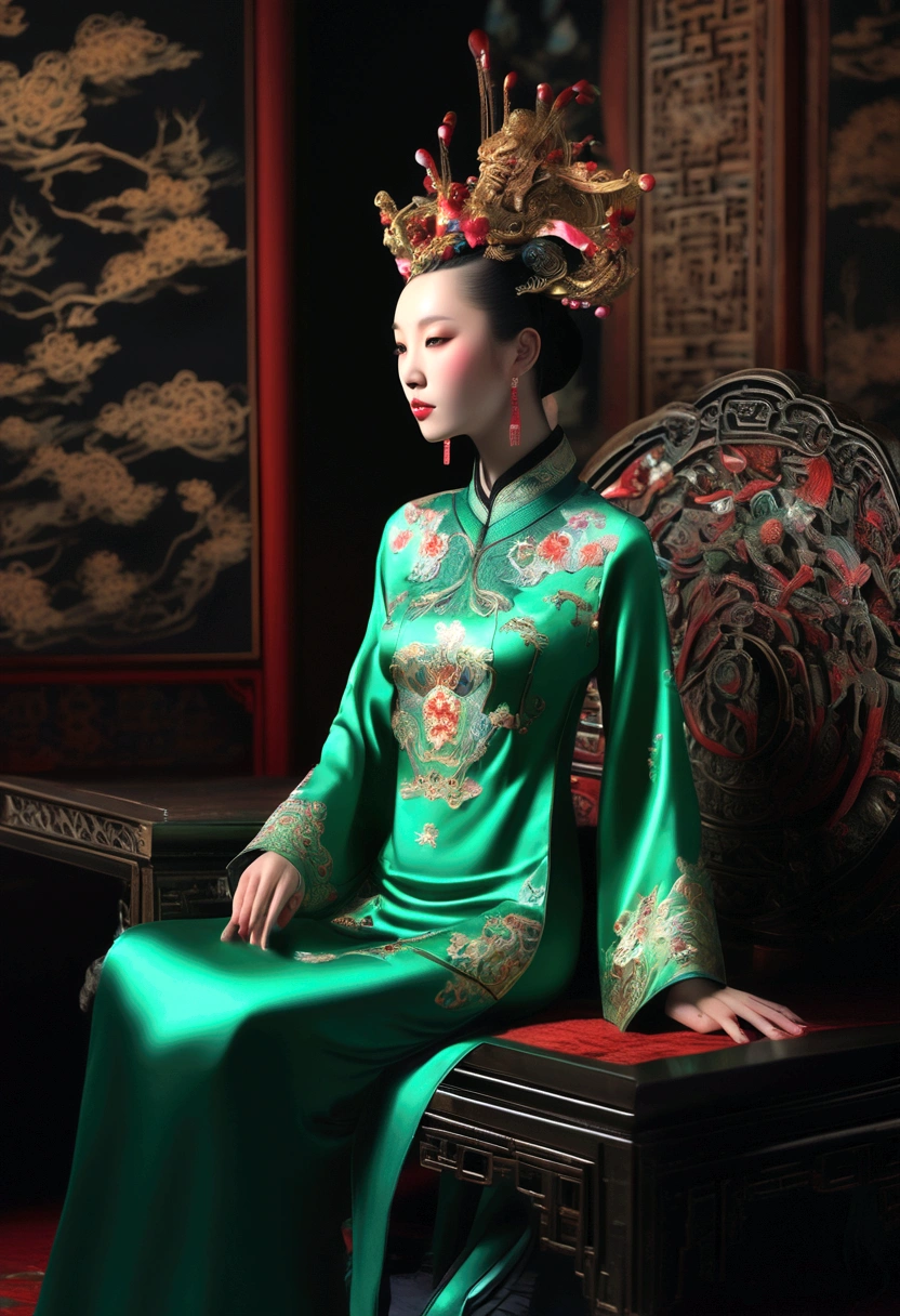 an alien creature,intricate cheongsam dress,asian royal room,green skin,barely humanoid,extremely detailed,photorealistic,ultra-detailed,masterpiece,8k,award winning art,dramatic lighting,ornate decor,ancient artifacts,opulent furnishings,silk embroidery,traditional chinese architecture

