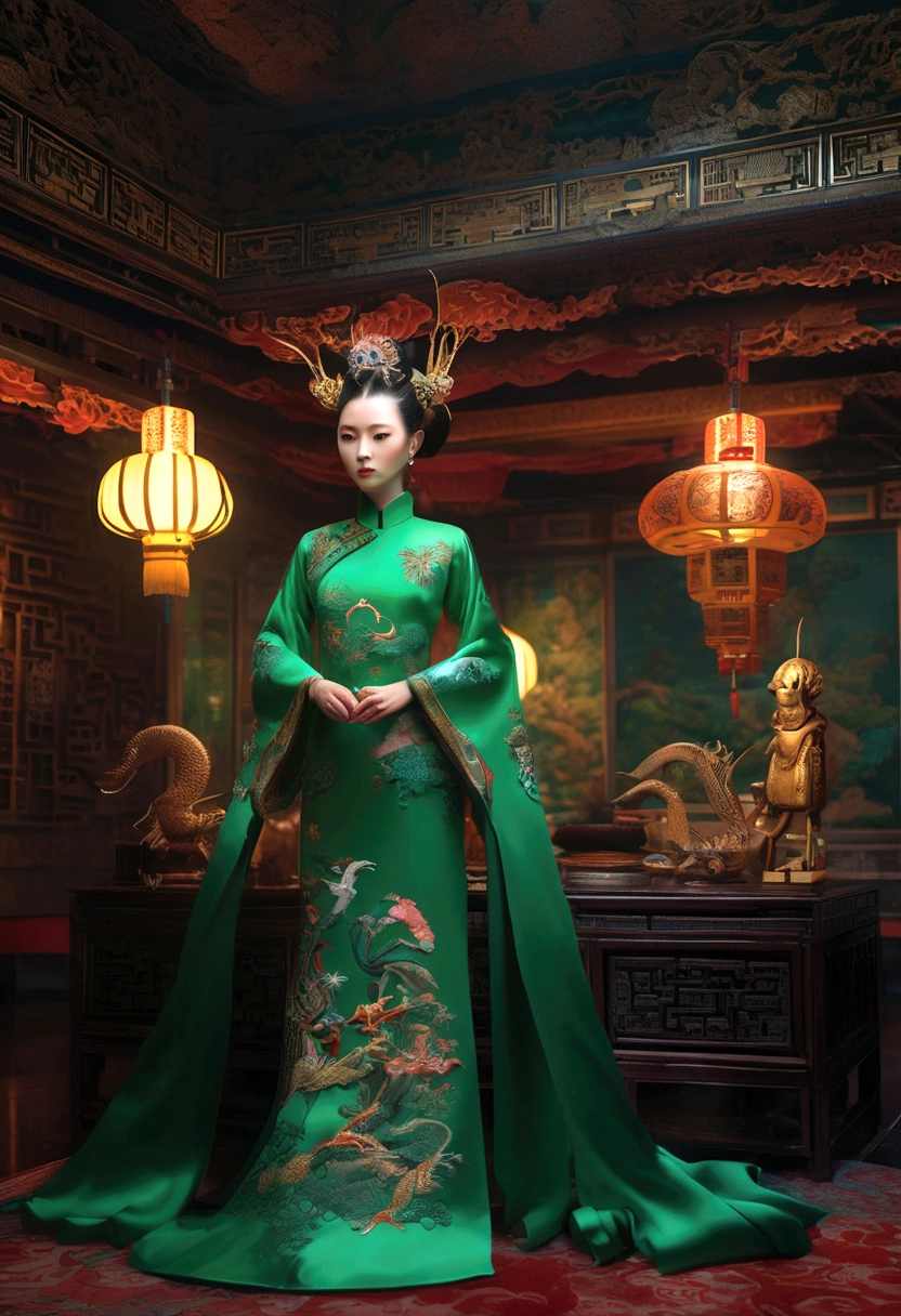an alien creature,intricate cheongsam dress,asian royal room,green skin,barely humanoid,extremely detailed,photorealistic,ultra-detailed,masterpiece,8k,award winning art,dramatic lighting,ornate decor,ancient artifacts,opulent furnishings,silk embroidery,traditional chinese architecture
