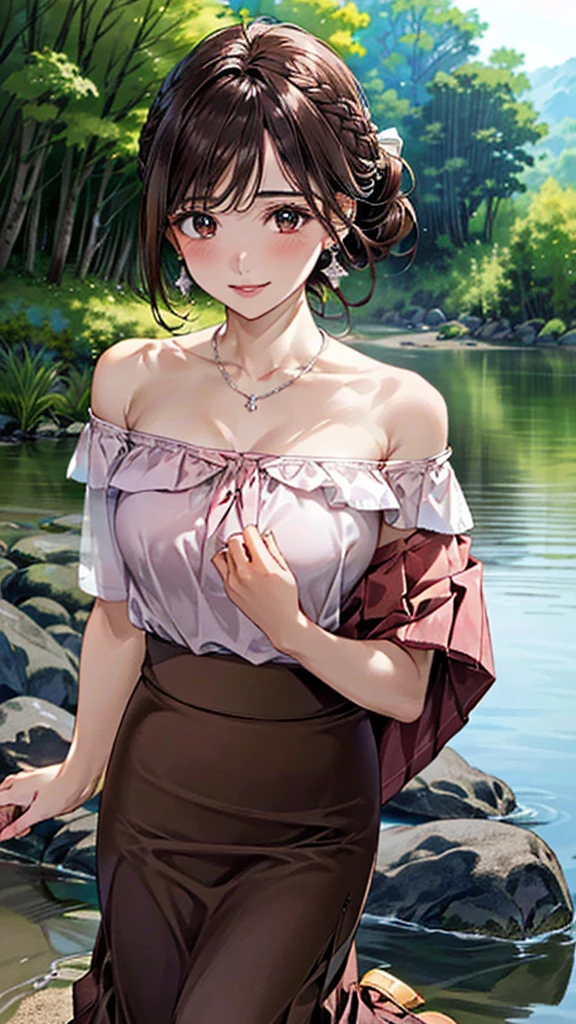(masterpiece:1.3, Highest quality, Ultra-high resolution:1.2, Super detailed、8K), (Realistic, photoRealistic:1.4), Beautiful illustrations, Perfect lighting, colorful, Depth of written boundary, Beautiful detailed hair, Beautifully detailed face, Beautiful fine details, Droopy eyes、Beautiful clavicle, Beautiful body, 美しいLarge Breasts, Beautiful thighs, Beautiful feet, Beautiful fingers, View Viewer、Front view:0.6, Beauty1人, Japanese, Beauty、30 years old, Perfect Face, (Perfect Anatomy, Anatomically correct), Cute and symmetrical face, Baby Face, , Shiny skin,(Pink off-shoulder blouse:1.4), ((Long skirt、Wraparound skirt:1.5)) 、(pumps:1.3)、(Dark brown hair, Updo Hair:1.4), braided bangs、Dark brown eyes, (Large Breasts, Slim body), necklace, Small earrings:1.1, (Beautiful views), (noon), Riverbank、Riverside、Are standing、 A soft smile、(Smile, Lips parted),