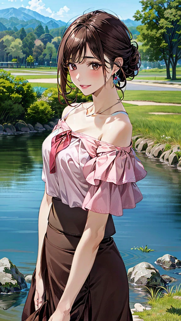 (masterpiece:1.3, Highest quality, Ultra-high resolution：1.2, Super detailed、8K), (Realistic, photoRealistic:1.4), Beautiful illustrations, Perfect lighting, colorful, Depth of written boundary, Beautiful detailed hair, Beautifully detailed face, Beautiful fine details, Droopy eyes、Beautiful clavicle, Beautiful body, 美しいLarge Breasts, Beautiful thighs, Beautiful feet, Beautiful fingers, View Viewer、Front view:0.6, Beauty1人, Japanese, Beauty、30 years old, Perfect Face, (Perfect Anatomy, Anatomically correct), Cute and symmetrical face, Baby Face, , Shiny skin,(Pink off-shoulder blouse:1.4), ((Long skirt、Wraparound skirt:1.5))  、(pumps:1.3)、(Dark brown hair, Updo Hair:1.4), braided bangs、Dark brown eyes, (Large Breasts, Slim body), necklace, Small earrings:1.1, (Beautiful views), (noon),  Riverbank、Riverside、Are standing、 A soft smile、(Smile, Lips parted),