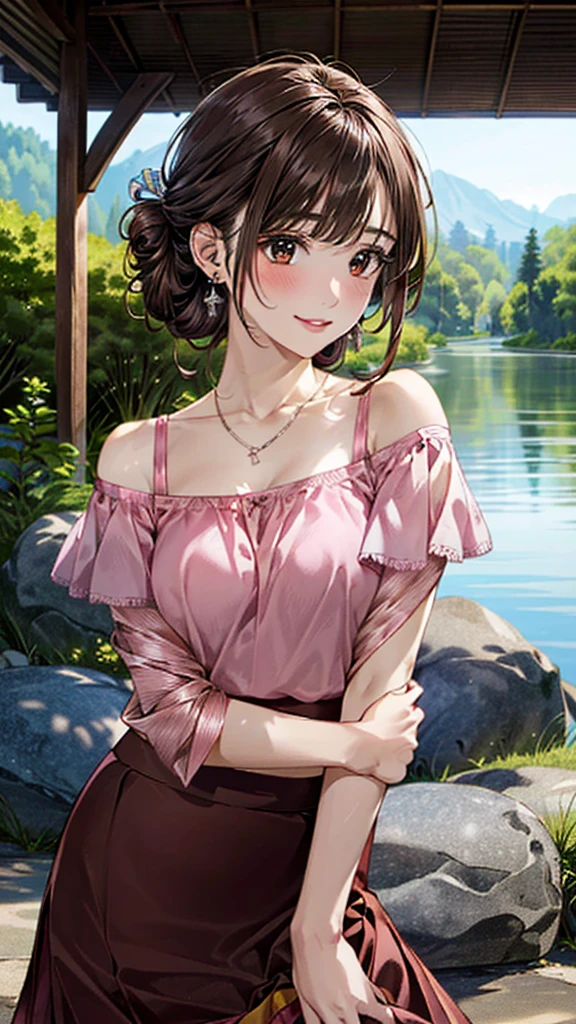 (masterpiece:1.3, Highest quality, Ultra-high resolution:1.2, Super detailed、8K), (Realistic, photoRealistic:1.4), Beautiful illustrations, Perfect lighting, colorful, Depth of written boundary, Beautiful detailed hair, Beautifully detailed face, Beautiful fine details, Droopy eyes、Beautiful clavicle, Beautiful body, 美しいLarge Breasts, Beautiful thighs, Beautiful feet, Beautiful fingers, View Viewer、Front view:0.6, Beauty1人, Japanese, Beauty、30 years old, Perfect Face, (Perfect Anatomy, Anatomically correct), Cute and symmetrical face, Baby Face, , Shiny skin,(Pink off-shoulder blouse:1.4), ((Long skirt、Wraparound skirt:1.5)) 、(pumps:1.3)、(Dark brown hair, Updo Hair:1.4), braided bangs、Dark brown eyes, (Large Breasts, Slim body), necklace, Small earrings:1.1, (Beautiful views), (noon), Riverbank、Riverside、Are standing、 A soft smile、(Smile, Lips parted),