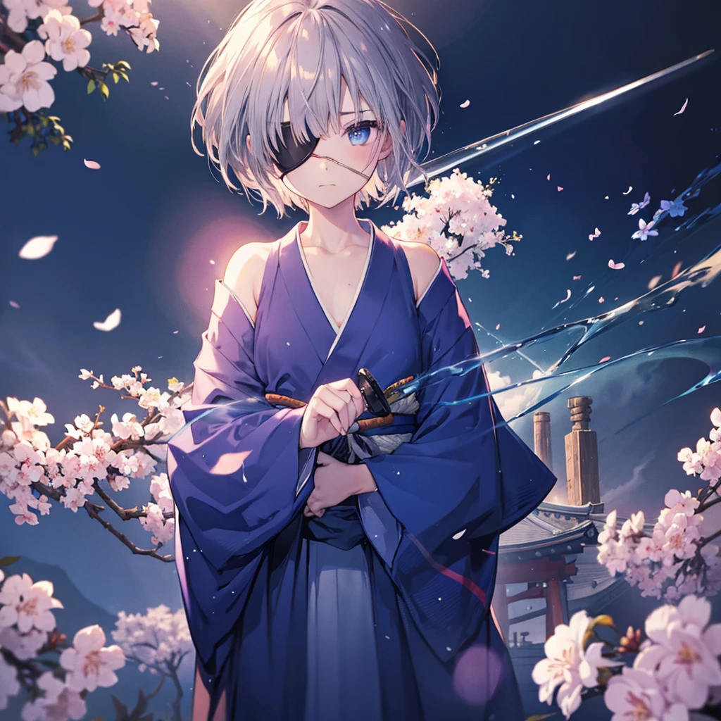 (((1 person Gray Hair))) ((((Eye patch)))) (((High resolution short hair Black kimono))) ((Shoulder Rin々Funny face Hold the sword)) ((Black Band samurai Lonely despair blue eyes Pull camera)) ((Blue Butterfly night Japanese style old Cherry Blossom Garden water surface Catch the wind Scattering cherry blossom petals)) ((Japanese sword Two-Way Slashing Bathed in light)) ((Sword Reflection Pink light)) 月night moonlight star Draw your sword Shining Background Shining Edge