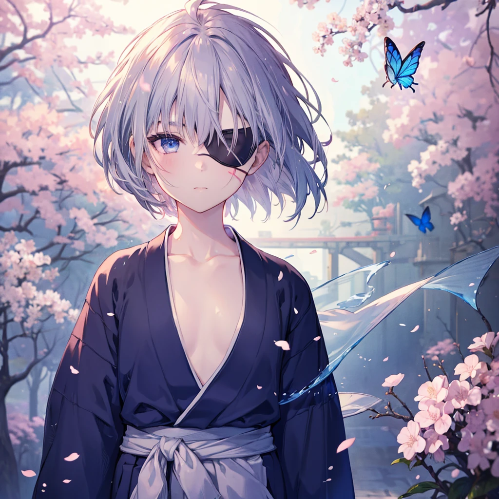 (((1 person Gray Hair))) ((((Eye patch)))) (((High resolution short hair Black kimono))) ((Shoulder Rin々Funny face Hold the sword)) ((Black Band samurai Lonely despair blue eyes Pull camera)) ((Blue Butterfly night Japanese style old Cherry Blossom Garden water surface Catch the wind Scattering cherry blossom petals)) ((Japanese sword Two-Way Slashing Bathed in light)) ((Sword Reflection Pink light)) 月night moonlight star Draw your sword Shining Background Shining Edge