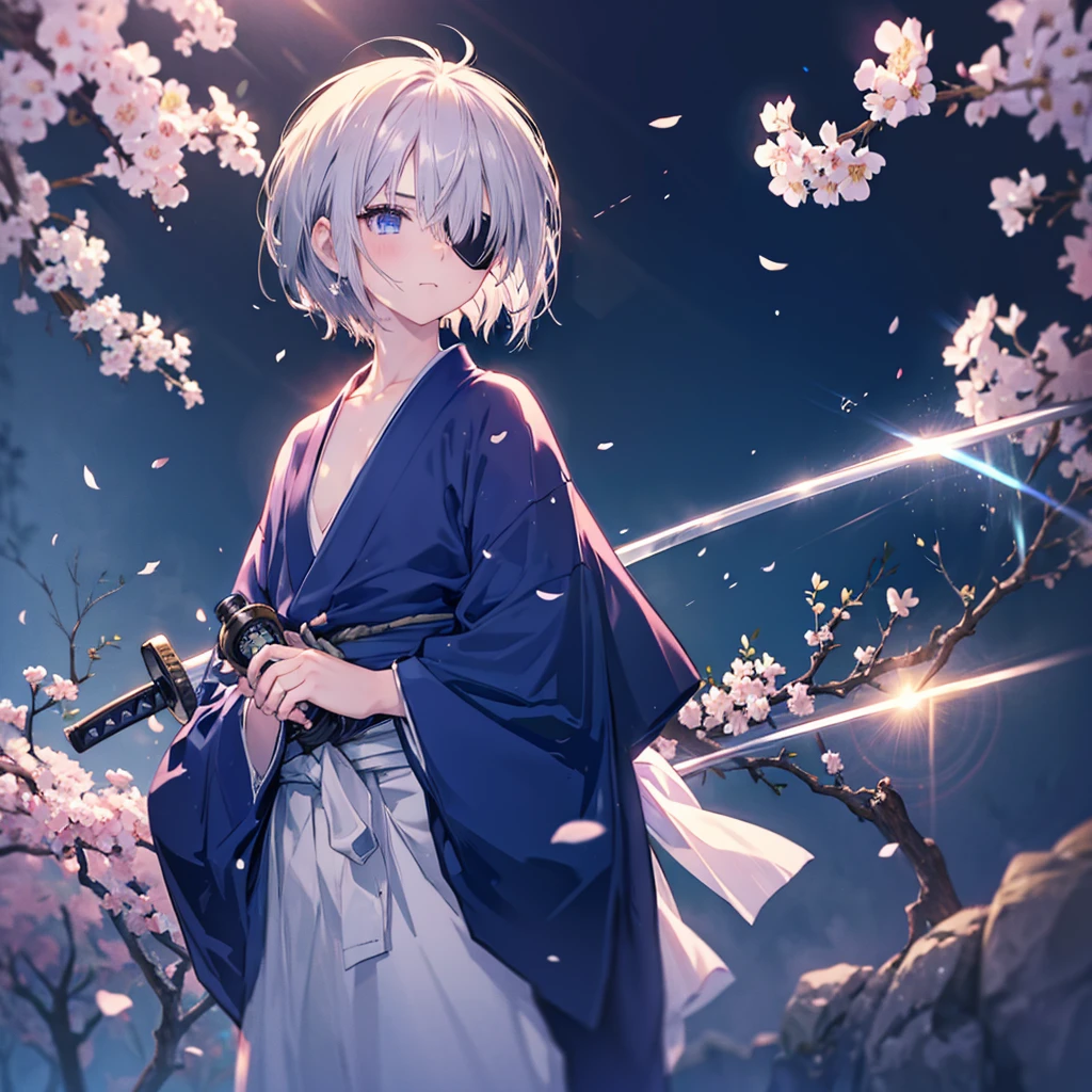 (((1 person　Gray Hair)))　((((Eye patch))))　(((High resolution　short hair　Black kimono)))　((Shoulder　Rin々Funny face　Hold the sword))　((Black Band　samurai　Lonely　despair　blue eyes　Pull camera))　((Blue Butterfly　night　Japanese style　old　Cherry Blossom Garden　water surface　Catch the wind　Scattering cherry blossom petals))　((Japanese sword　Two-Way　Slashing　Bathed in light))　((Sword Reflection　Pink light))　月night　moonlight　star　Draw your sword　Shining Background　Shining Edge