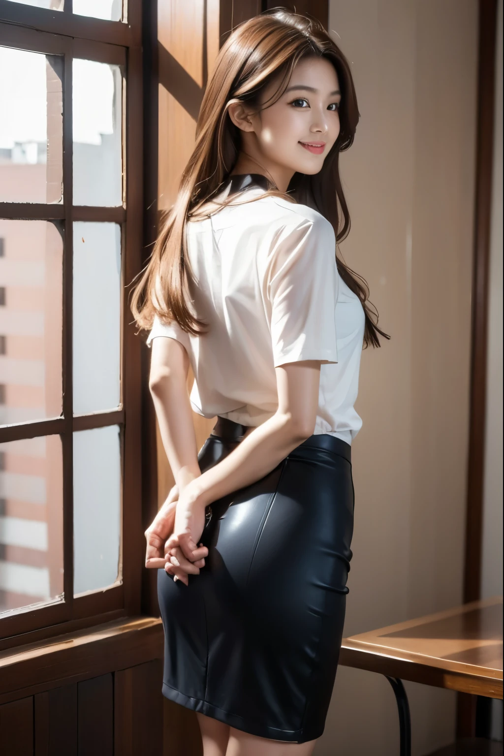 Tied Up Woman、(((Hands behind back with wrists crossed)))、(My wrists are tied with rope)、Beauty、Well-formed face、Shiny long black hair、Make your eyes even、Inside the hotel room、From behind、Show your whole body、White short sleeve shirt、Navy Semi-Long Skirt、Panty lines、Wearing pumps、Standing in front of the window、Age 25、Medium build、Like a real photo、Highest quality, light brown hair, straight hair, shiny hair, parted lips, seductive smile, Surrealism, Hyperrealism, Verism, cinematic lighting, tachi-e, first-person view, from behind, Nikon, UHD, anatomically correct, best quality, highres, 8k