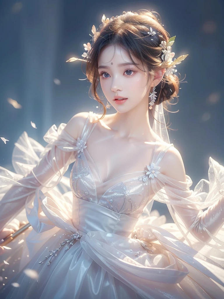 White Background、Professional Lighting、(((Professional Lighting 1.5)))、Translucent skin texture、Beautiful Skin、Beautiful Skin、、Off the shoulder、White Dress、(((See-through 1.2)))、fluttering feathers、Ecstasy of Musical Notes、(())、Face close-up