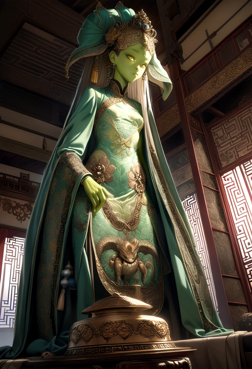 an alien creature,intricate cheongsam dress,asian royal room,green skin,barely humanoid,extremely detailed,photorealistic,ultra-detailed,masterpiece,8k,award winning art,dramatic lighting,ornate decor,ancient artifacts,opulent furnishings,silk embroidery,traditional chinese architecture