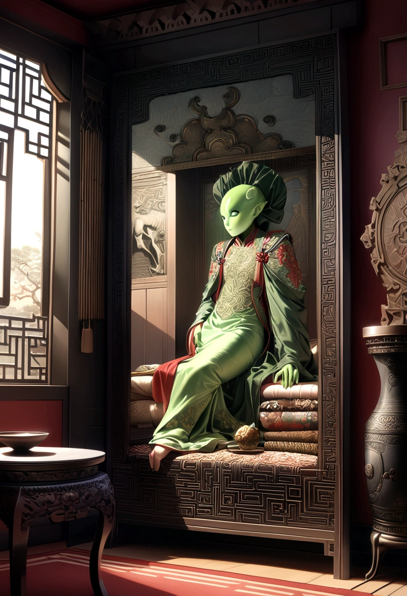 an alien creature,intricate cheongsam dress,asian royal room,green skin,barely humanoid,extremely detailed,photorealistic,ultra-detailed,masterpiece,8k,award winning art,dramatic lighting,ornate decor,ancient artifacts,opulent furnishings,silk embroidery,traditional chinese architecture
