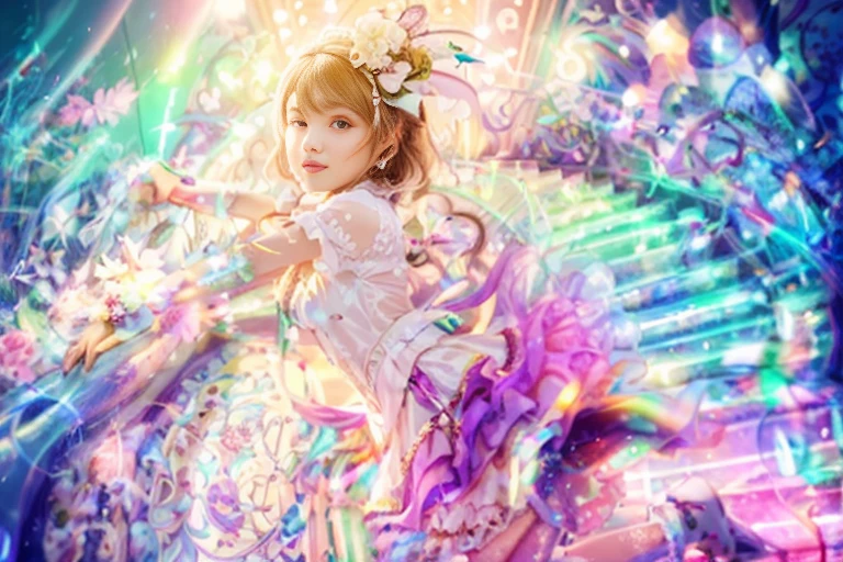 ((1 beautiful gorgeous girl)), in a beautiful coloured stairs, Raw photo,ultra realistic, uhd, realistic skin and materials, dreaming atmosphere, best quality,16k resolution,vivid colors, photo realistic