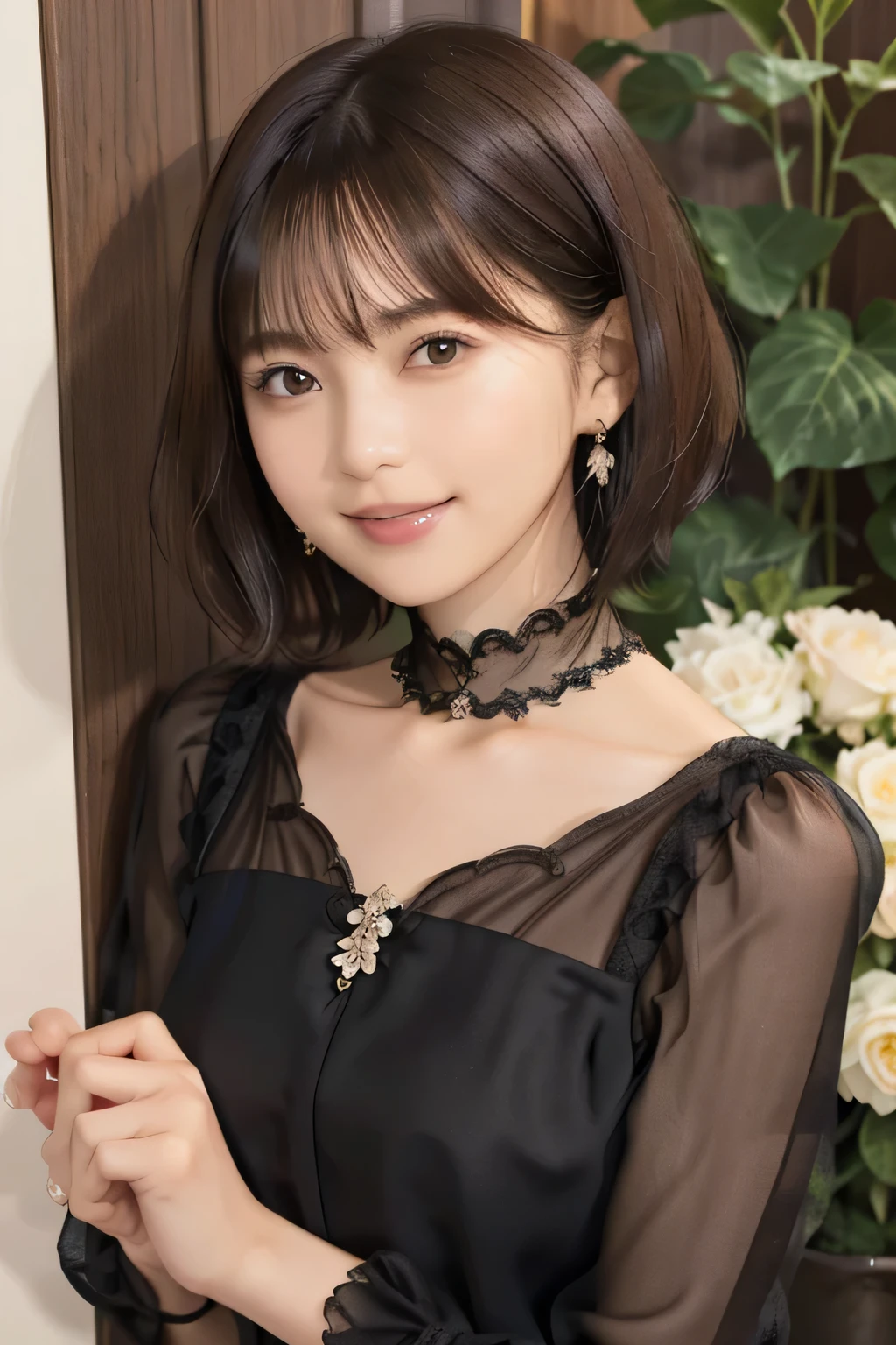 205 ((short hair)), 20-year-old female, Surrealism, Flower smile、Beautiful teeth alignment、Brown Hair首にネックレス、ear piercing、Dark brown hair、Gorgeous Dress
