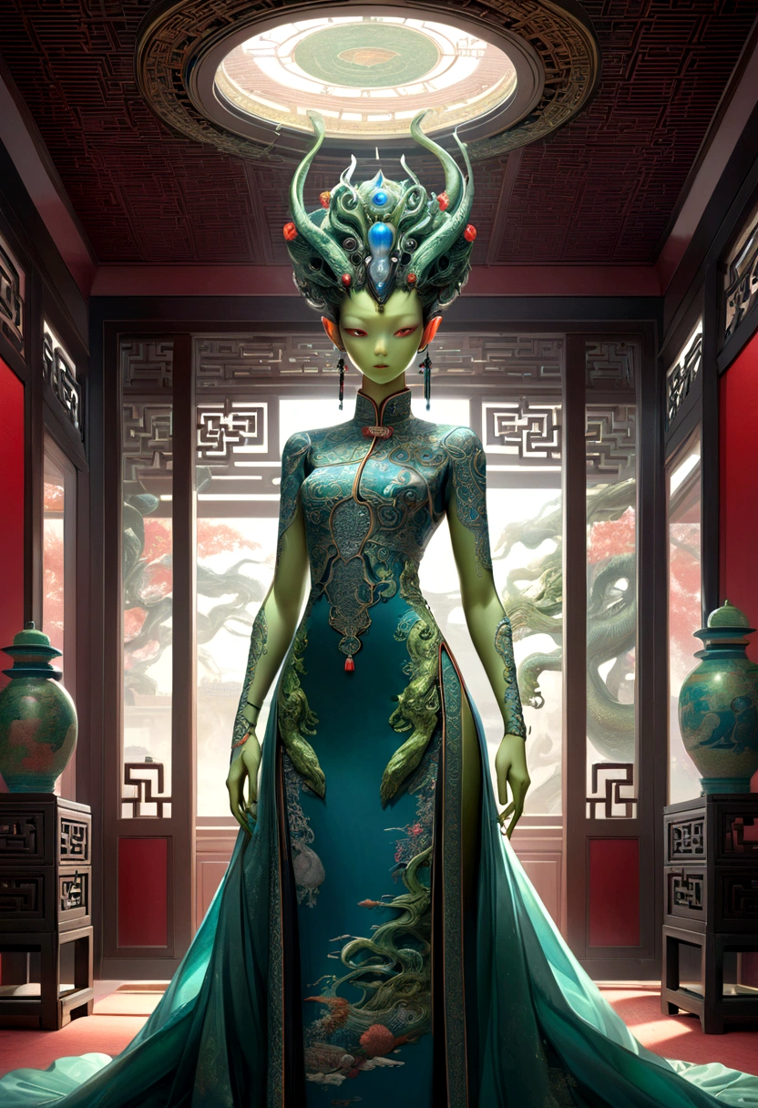 an alien creature,intricate cheongsam dress,asian royal room,green skin,barely humanoid,extremely detailed,photorealistic,ultra-detailed,masterpiece,8k,award winning art,dramatic lighting,ornate decor,ancient artifacts,opulent furnishings,silk embroidery,traditional chinese architecture
