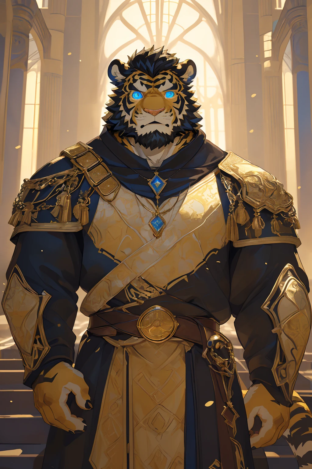 (Scarred body),(Medieval armor:1.5),king,16k high quality detailed art,(Medieval armor:1),(Golden Tiger:1.1), (((White and golden fur:1.5))),(Duotone),(A pair of eyes of different colors, One eye has a golden eye,The other eye has a blue eye:1.7),Both eyes are the same size:1.4),(Muscular body:1.3),Handsome,(OK),(Perfect face),(Exhausted:1.1),(Gold and white skin:1.3),(Full body description:1.3),Publaz, (Golden Tiger:1.1), (((Gold and white fur:1.3))),Handsome, (OK),Express,(Royal Palace Background),(Frightened expressions:1.3),(Golden Tiger tail),不同的Express,(A perfect masterpiece),(32k),(Abdominal muscles:1.3),(((middle aged:1.4))),(36 years old),(Gold Stripes),alone,(Black sideburns:1.2),(black beard:1.3),(Black Chin:1.3),(golden face pattern:1),(Very rich facial details:1.3),(Strong),(Mighty pose:1.3),Front view,(CG),(HD),(Black hair),Clothes are messy,Full body portrait,(Detailed background:1.3)